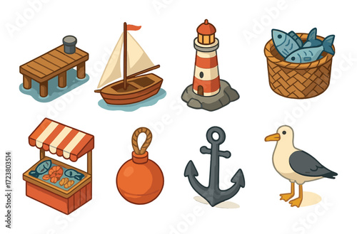 Nautical icons featuring lighthouse, anchor, sailboat, fish basket, and pier