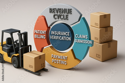 Revenue cycle insurance verification claims submission payment posting patient billing logistics concept with forklift and cardboard boxes conveying healthcare billing workflow and processing