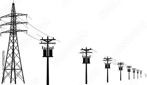 Electricity transmission line with high voltage towers receding into distance, vector silhouette for energy infrastructure, utility design, engineering, and industrial projects.
