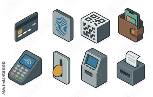 Isometric financial icons featuring credit card, fingerprint, qr code, wallet, and more
