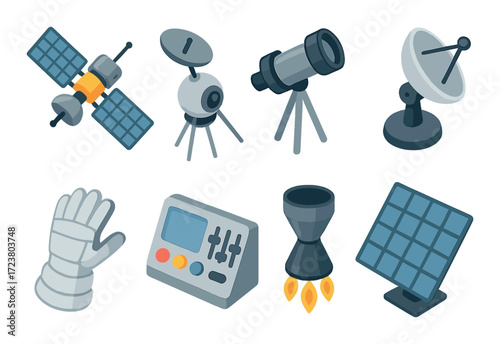 Space exploration icons featuring satellite, telescope, rocket engine, and solar panel