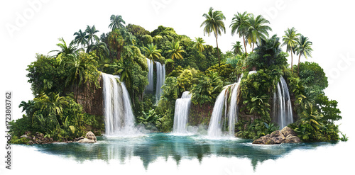 Tropical island with palm trees and cascading waterfalls, isolated on transparent cutout background