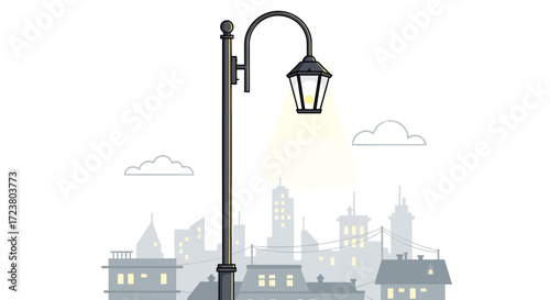 Stylized urban landscape illustration showcasing a vintage lamppost at twilight hour