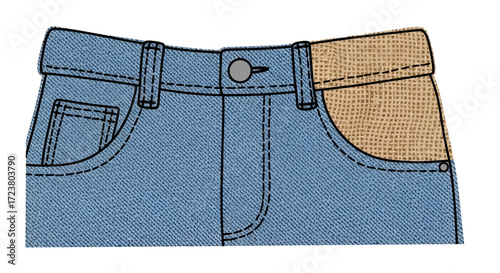 Stylish garment representation of denim jeans with detail stitching and burlap pocket