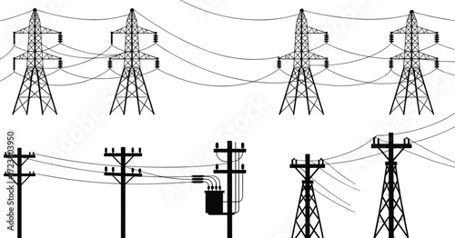 Electricity transmission line with high voltage towers receding into distance, vector silhouette for energy infrastructure, utility design, engineering, and industrial projects.