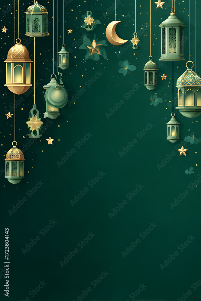 Naklejka premium Ornate lanterns hanging against a deep green background with stars and butterflies, evoking tranquility
