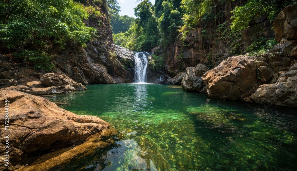 Naklejka premium Lush waterfall cascading into a crystal-clear pool