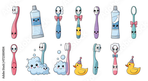 Whimsical dental hygiene squad: A cartoon collection of toothbrushes and toothpaste characters