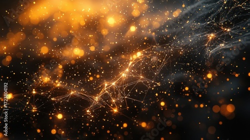 A digital illustration of an intricate network with glowing dots and lines, luminous particles floating in dark space,