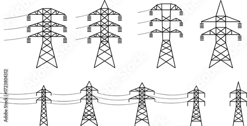 Electricity transmission towers connected in radial network pattern, vector illustration for smart grid, energy infrastructure, utility design, engineering, and industrial applications.