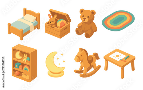 Cozy children's room with toys and furniture in warm light