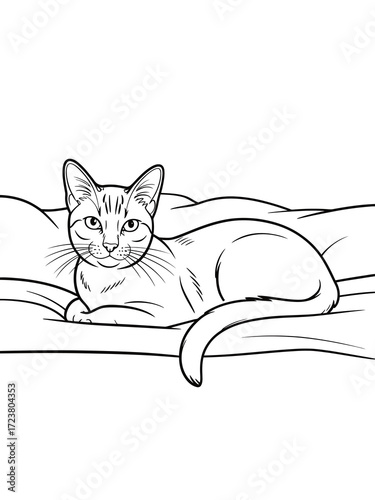 Line art drawing of a relaxed cat lying on a pillow
