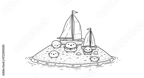 Whimsical island scene featuring charming boats and adorable creatures on sandy shorelines
