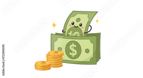 Whimsical finance: Playful cartoon money concept with smiling dollar bill character and gold coins