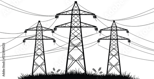 Electricity transmission towers with overhead power lines and grass silhouette, vector illustration for energy infrastructure, utility design, engineering, and industrial projects.