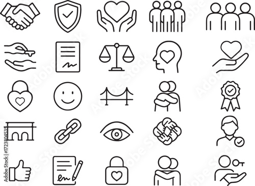 Trust Line Icon Set Vector Web Icons for Integrity, Reliability, Confidence, Empathy, Friendship, Agreement, and Credibility