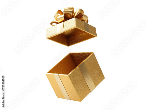 Open golden gift box with decorative ribbon, isolated on transparent cutout background