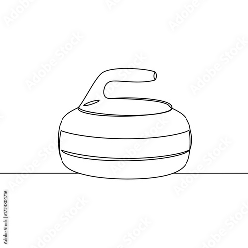 Simple line drawing of a curling stone on a flat surface, black and white design  