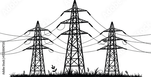 Electricity transmission towers with overhead power lines and grass silhouette, vector illustration for energy infrastructure, utility design, engineering, and industrial projects.