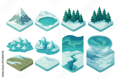 Isometric arctic landscapes featuring mountains, icebergs, and northern lights