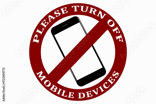 Please turn off mobile devices sign with smartphone crossed out in red circle. Concept of no phone policy, silence zone, or device restriction in theaters, meetings, and classrooms.