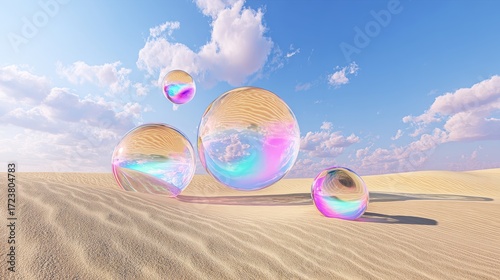 Surreal 3D rendering of floating crystal spheres above desert landscape, experimental artistic abstract concept in high-resolution visual design