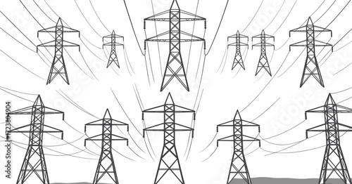 Electricity transmission towers with overhead power lines in repeating pattern, vector background for energy infrastructure, utility design, engineering, and industrial visual projects.