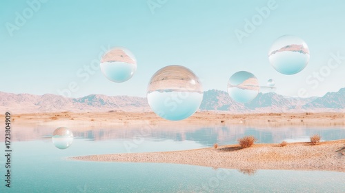 Fototapeta Naklejka Na Ścianę i Meble -  Surreal 3D rendering of floating crystal spheres above desert landscape, experimental artistic abstract concept in high-resolution visual design