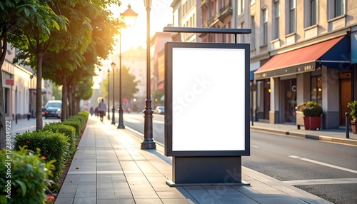 Blank billboard on city street at sunrise (1)