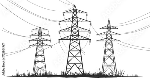 Electricity transmission towers with overhead power lines and grass silhouette, vector illustration for energy infrastructure, utility design, engineering, and industrial projects.