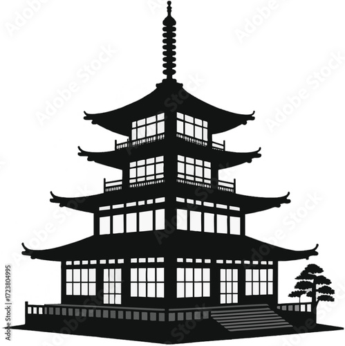 Black silhouette of building icon white background.





