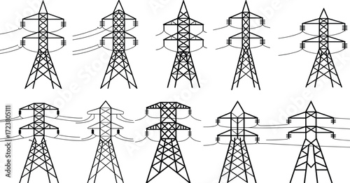 Electricity transmission towers with overhead power lines in repeating pattern, vector background for energy infrastructure, utility design, engineering, and industrial visual projects.