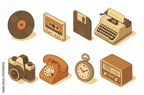 Retro technology icons featuring vinyl, cassette, floppy disk, typewriter, camera, telephone, clock, radio