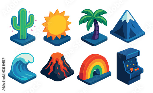 Colorful isometric nature and entertainment icons collection