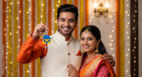 Smiling Indian couple celebrate owning their new home during Diwali festival, holding keys and house ornament, perfect for real estate and cultural events ads