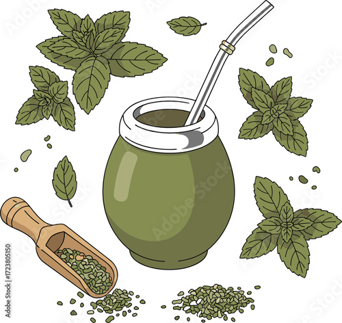 Vector Flat Lay of Yerba Mate with Traditional Elements