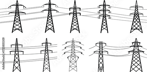 Electricity transmission towers with overhead power lines in repeating pattern, vector background for energy infrastructure, utility design, engineering, and industrial visual projects.