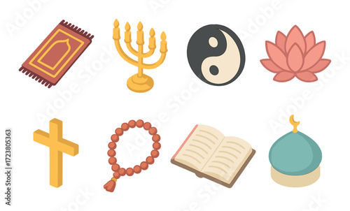 Diverse religious symbols: quran, menorah, yin yang, lotus, cross, rosary, bible, mosque dome