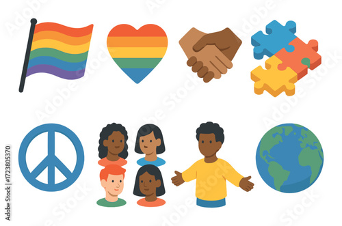 Diversity symbols: pride flag, unity, puzzles, peace, earth, multiracial people