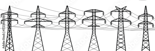 Set of electricity transmission towers with overhead power lines, vector illustration for energy infrastructure, utility design, engineering diagrams, and industrial applications.
