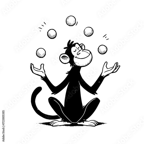 Cartoon juggling monkey illustration black and white vector design for circus animal act performance skill show
