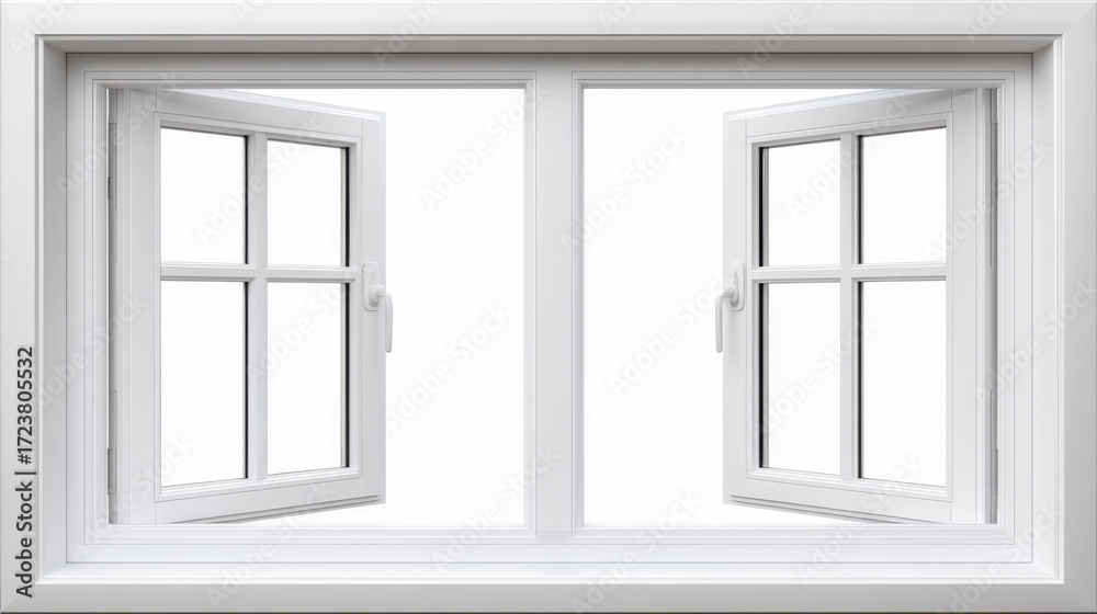 Fototapeta premium White window frame, modern minimal style, double pane, open glass, clean interior, bright light, home decor