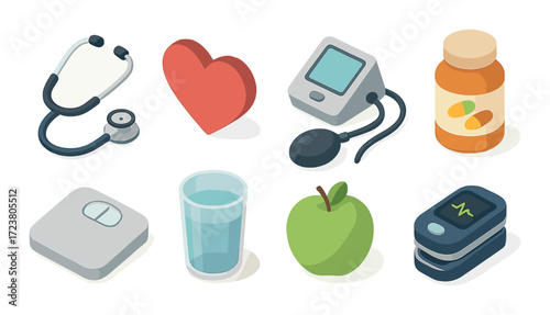 Healthcare icons: stethoscope, heart, blood pressure monitor, pills, scale, water, apple, pulse oximeter