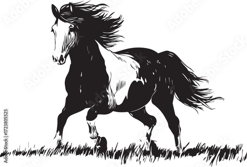 Vector art of hand drawn sketch of a horse running in a field