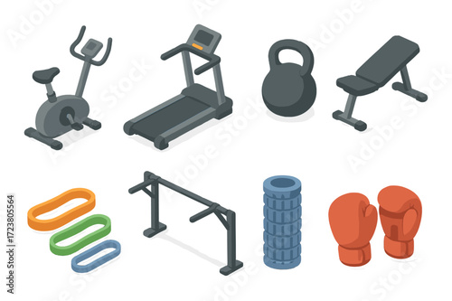 Gym equipment icons: treadmill, dumbbells, kettlebell, exercise bike, boxing gloves