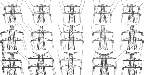 Set of electricity transmission towers with power lines, vector icons for energy infrastructure, utility design, engineering diagrams, industrial projects, and smart grid concepts.