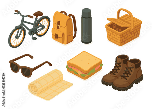 Picnic essentials: bicycle, backpack, thermos, basket, sunglasses, blanket, sandwich, boots