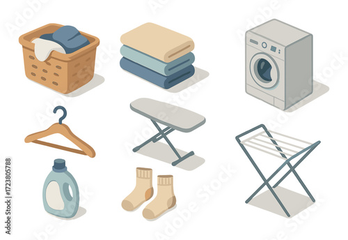 Laundry essentials: basket, towels, washer, hanger, ironing board, detergent, socks, drying rack