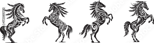 Vector art of four rearing horses in tribal tattoo style, vector illustration