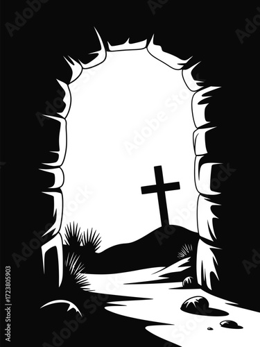 Silhouette of a cross on a hill seen through an ancient stone archway